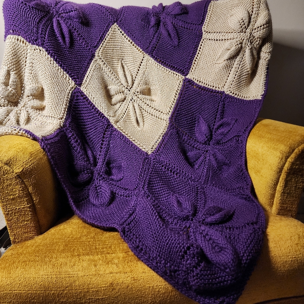 3D Leaf Block Pattern Afghan Square Purple Beige Soft Square Handmade Quality